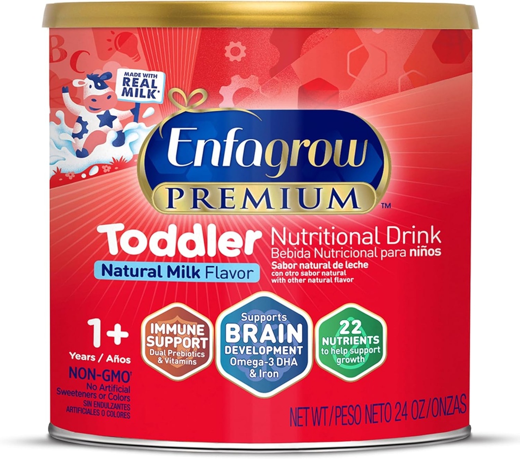 Enfagrow PREMIUM Toddler Nutritional Drink, Made with Real Milk, Brain-Building Omega-3 DHA, Nutrients and Prebiotics for Growth &amp; Immune Support, Non-GMO, Toddler Milk Powder, 24 Oz Can