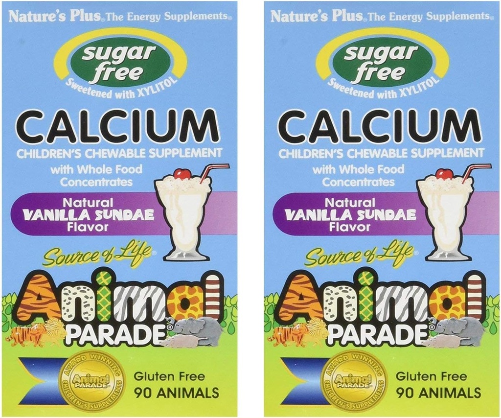 NaturesPlus Animal Parade Calcio para niños sin azúcar, Vanilla Sundae Flavor - 90 Chewable Animal Shaped Tablets, Pack of 2 - Magnesium for Bone Health - Gluten Free - 90 Servings