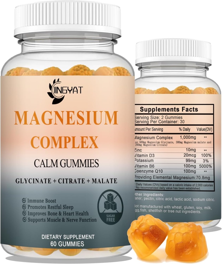Complejo de magnesio triple - Alta absorción Magnesio Gummies, Magnesium Glycinate, Malate, " Citrato, Formas en chelatadas con vitamina D y zinc, Potasio, Suplemento Coq10