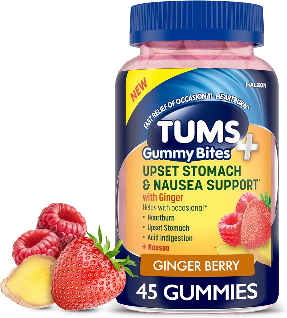 TUMS Plus Upset Stomach &amp; Nausea Support, Dietary Supplement, Ginger Berry - 45 Count