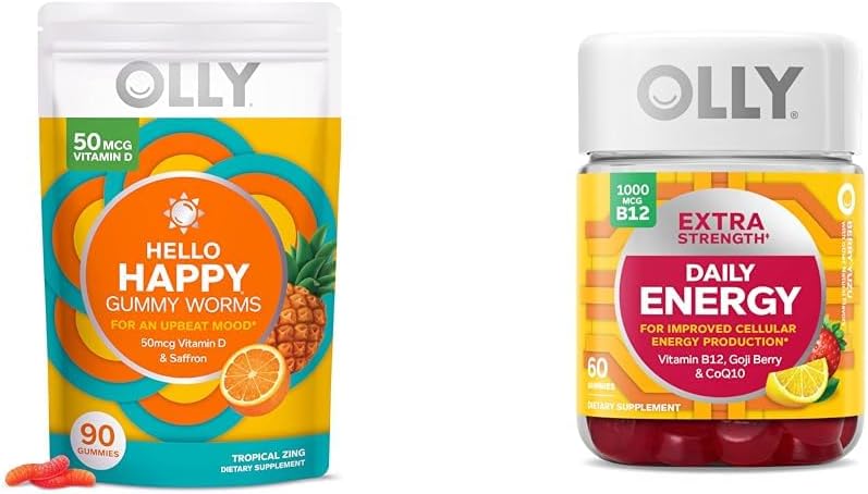 OLLY Hello Happy Gummy Worms, Mood Balance Support, Vitamina D, Saffron, Adult Chewable Suplemento &amp; Extra Strength Daily Energy Gummy, Caffeine Gratis, 1000mcg Vitamin B12, CoQ10, Goji Berry