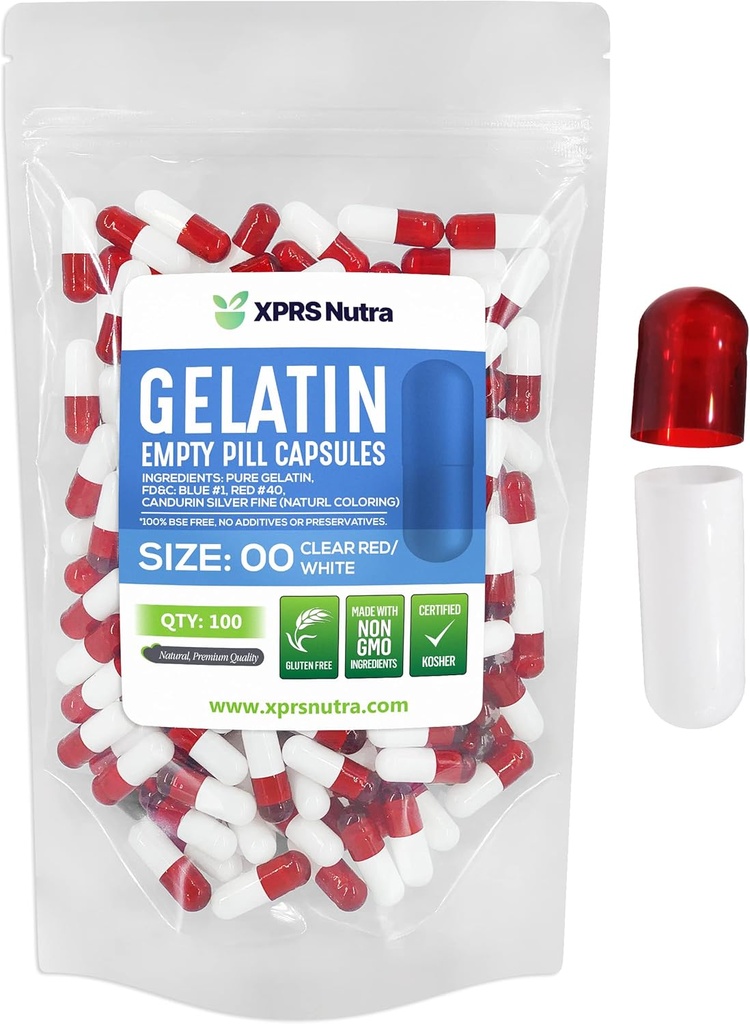 XPRS Nutra Size 00 Empty Capsules - 100 Conde Empty Gelatin Capsules - Pill DIY Capsule Filling - Fillable Pill Gel Caps for Do-It-youself Supplements (Clear Red/White)