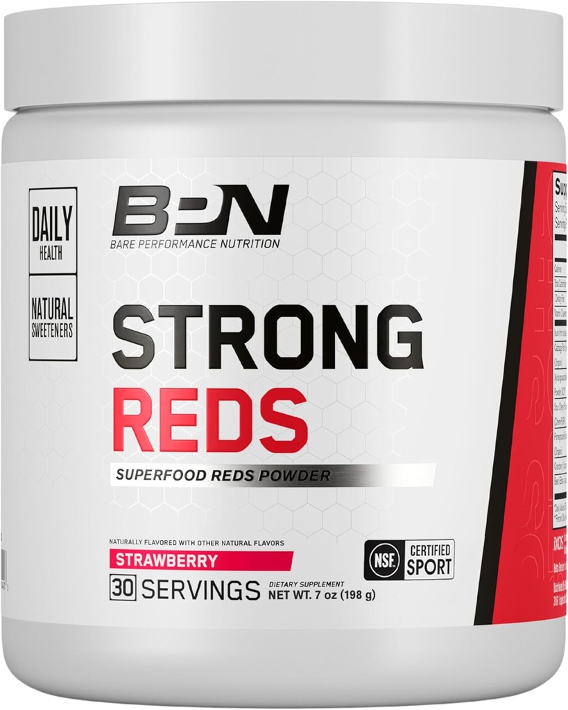 BARE PERFORMANCE NUTRITION, BPN Strong Reds Superfood Powder, Digestive Enzymes, Antioxidantes, Mejora de la Energía Natural, 30 Servimientos, Fresa