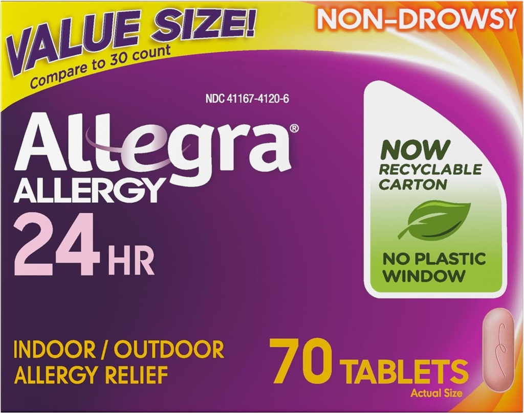 Allegra Adulto 24-Hour Alergy Relief Tablets, No-Drowsy Indoor and Outdoor Alergy Medicine, 180 mg Fexofenadine HCI Antihistamine Pill, 70-Count