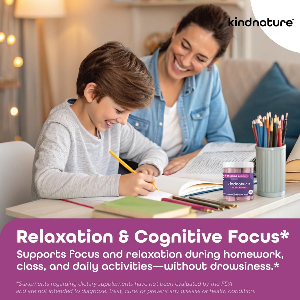 amnature L-Theanine Gummies 200mg – Vegan Calm & Focus Supplement for Adults &amp; Kids Ages 4+ – Mixed Berry Chewable, Low Sugar, Non-Drowsy*