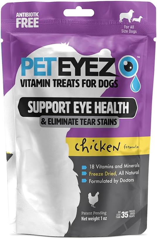 PetEyez Tear Stain Remover Vitamin Treats for Dogs - Asistencia Ojo Salud " Reducir la picazón " Tear Stain Buildup - 100% Natural Dog Treats w / Superfoods, Antioxidants " Nutrients - Chicken Flavor - 1oz