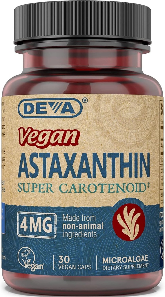 DEVA Nutrición Vitaminas Astaxanthin 4mg, Vegan, Hecho de Haematococcus Pluvialis Microalgae, 30 cápsulas, 2-Pack