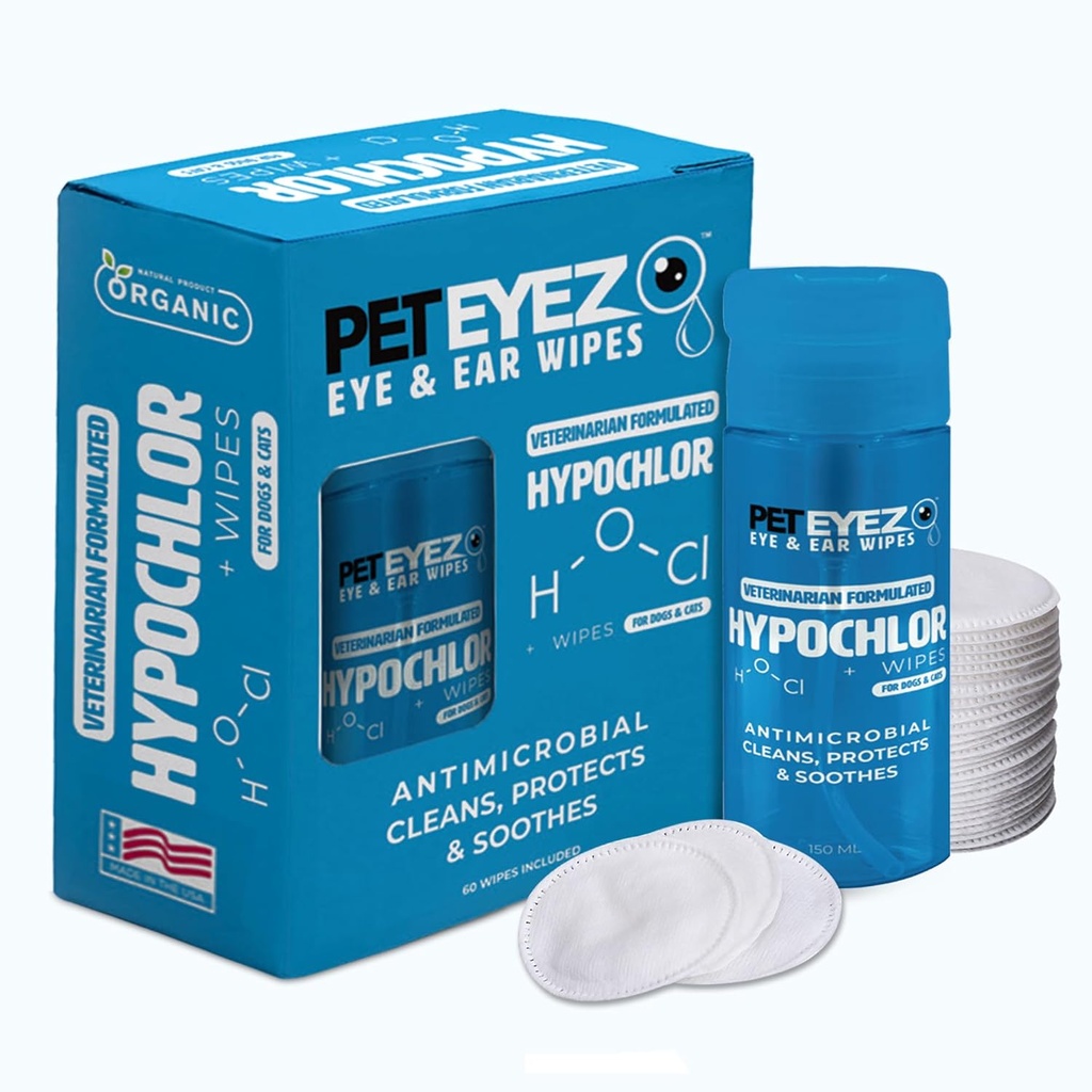 PetEyez Veterinario Fórmulada Solución para perros &amp; gatos - Limpiador de desodoración hipoalergénica para eliminar la mugre, la descarga y la costra de los oídos, los ojos, las patas &amp; la mantequilla - 100 cuerdas
