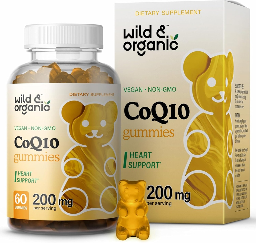 Gummies de CoQ10 orgánicos silvestres - CoQ10 vegano 200 mg Suplemento Antioxidante con Ubiquinona - Energía natural y Gummies focales con Coenzima Q10-60 Pectina no GMO Chewables