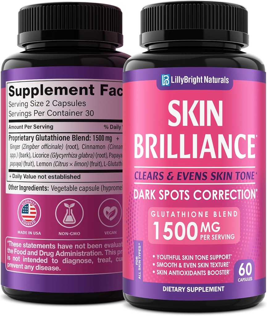 Glutathione Capsules - 1.500mcg L-Glutathione Suplemento con vitamina C - Skin Tone Enhancer - Metas Dark Spots &amp; Acne Marks - Potent Antioxidant - 60 Skin Pills