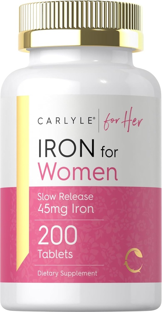 Carlyle Iron Supplement for Women TEN 45mg TEN 200 Slow Release Tablets ← Vegetarian, Non-GMO, Gluten Free Pills
