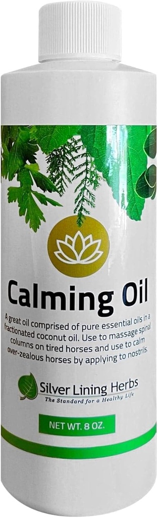 Herbs de forro de plata Aceite de calma para caballos – Todo natural aceite esencial mezcla con aceite de coco – ayuda a relajar caballos ansiosos, inquietos y de alta resistencia – 8 oz