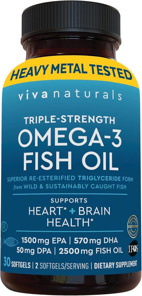 Viva Naturals Omega-3 Fish Oil, Triple fuerza, 2500 mg, 30 Softgels – Reesterified Omega 3 ácidos grasos incluyendo EPA, DHA, DPA - Pascatarian-Friendly