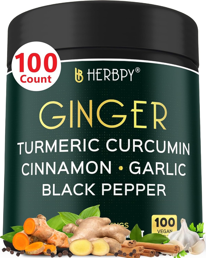 5in1 Ginger and Turmeric Supplements with Ceylon Cinnamon, Garlic - Digestion, Immune, Brain & Heart Health Support - 100 Vegan Capsules