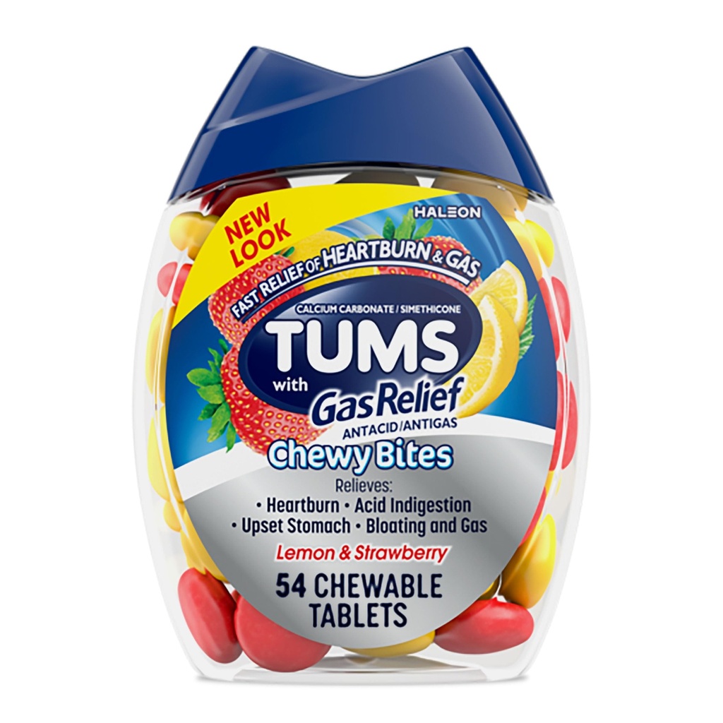 TUMS Chewy Bites Chewable Antacid Tablets with Gas Relief, Lemon & Strawberry - 54 Count