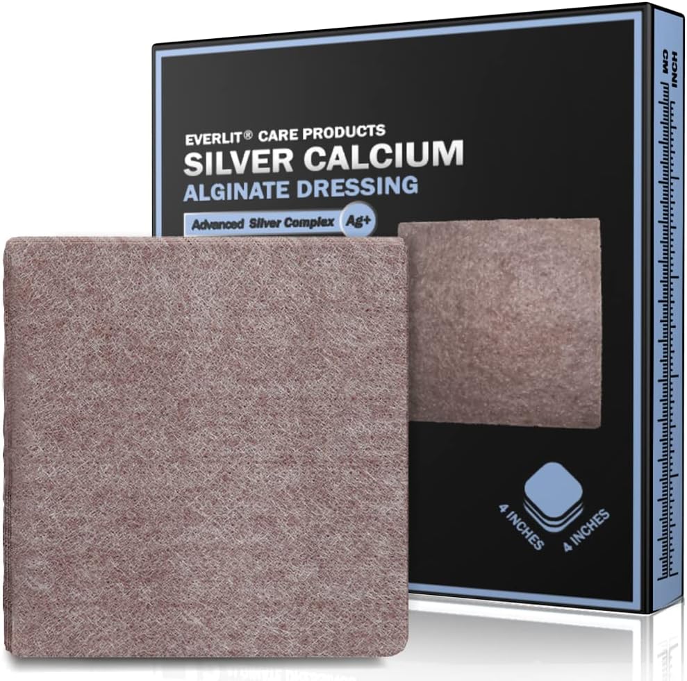 EVERLIT AG Silver Calcium Alginate Wound Dressing ← Absorbent Non-Stick Sterile Dressing Pad ← Gentle Gauze with Natural Gelling Fiber for Wound Care