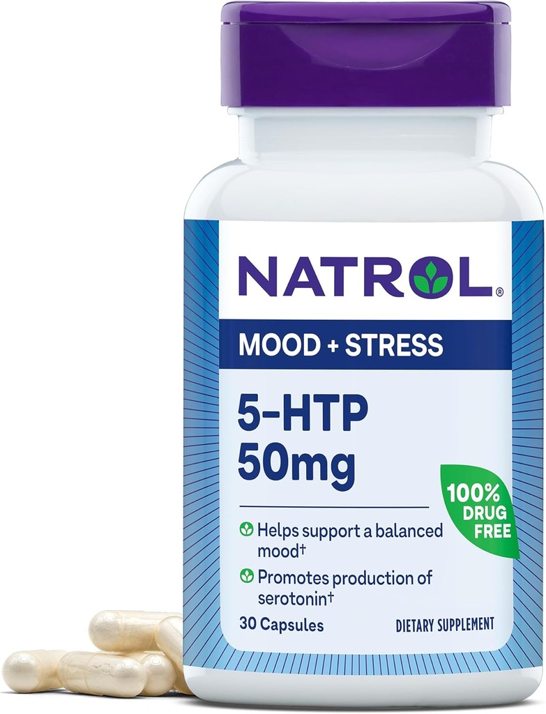 Natrol Mood &amp; Stress 5-HTP 50mg, Suplemento dietético ayuda a apoyar un Mood equilibrado, 30 cápsulas, 7-30 Day Supply