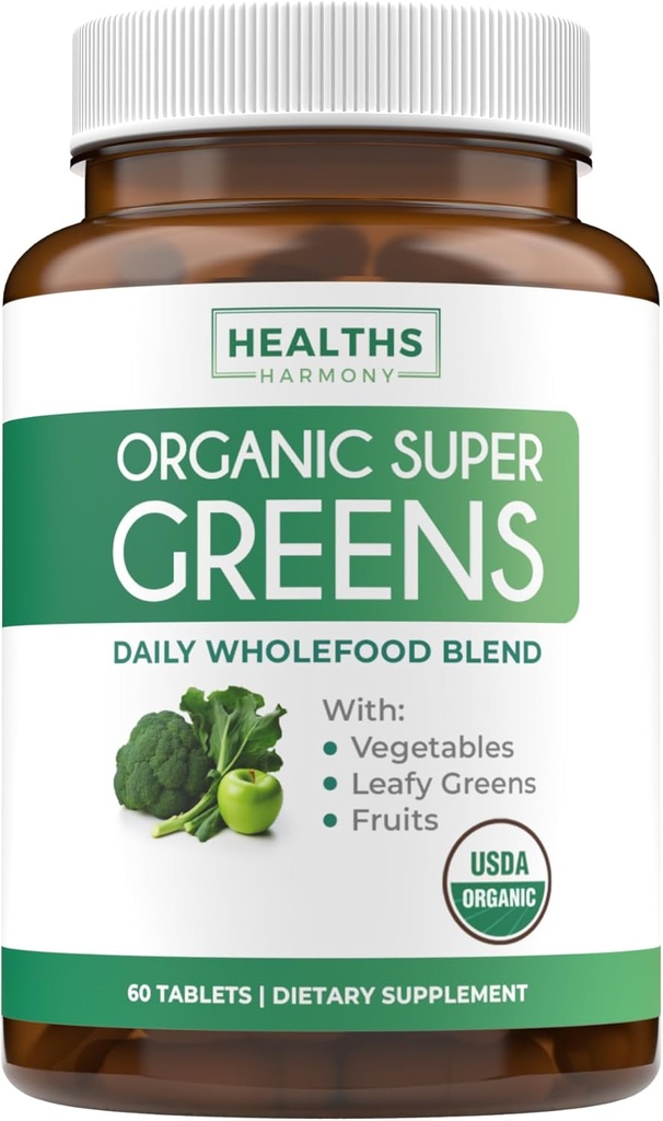 USDA Organic Super Greens Supplement - Organic Greens Fruits and Vegetable Supplement for Adults with 28 Superfood Complex with Superfruits Roots Herbs " More - Vegan " Non-GMO (Up to 1 Month Supply)
