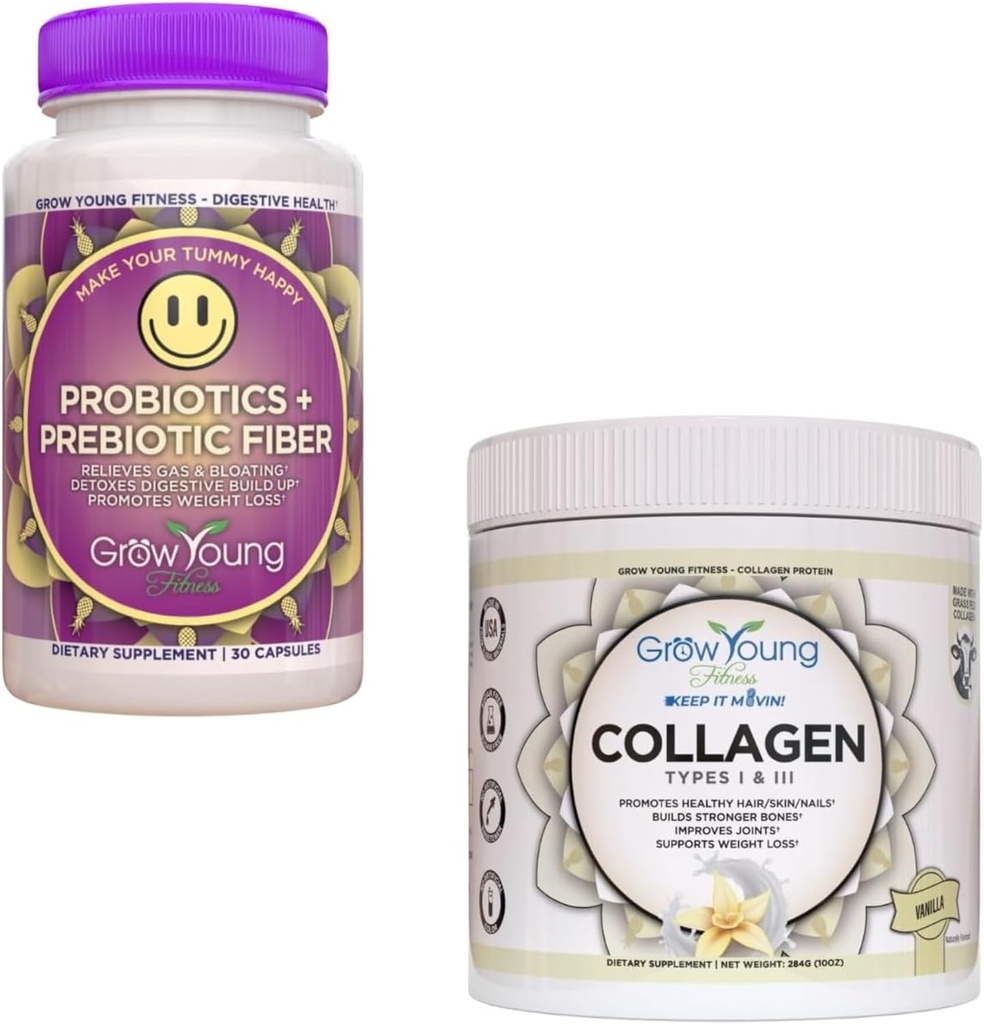 Grow Young Fitness Probiotic and Vanilla Collagen - apoya la salud digestiva y promueve la piel y los huesos - (1) 30-Pack of Probiotics + 12.4oz de Vanilla Collagen Powder