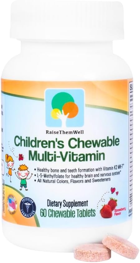 Raise Them Well Tasty Chewable Kids Multivitamin, All-Natural Colores, Flavors & Sweeteners, Daily Essential Vitamins for Children, Easy-to-Chew Vitamins, Strawberry