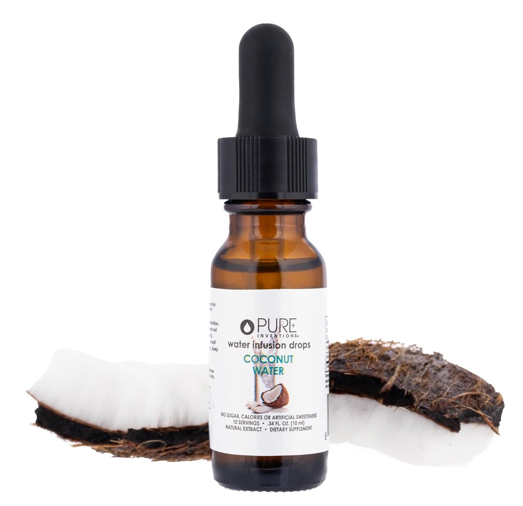 Invenciones puras - gotas de infusión de agua de coco - Infusor de agua potable - Electrolitos de ovulación natural - No Azúcares, Calorías o Sweeteners artificiales - Tamaño de viaje de lujo - 12 Serviciones - 0.34 oz
