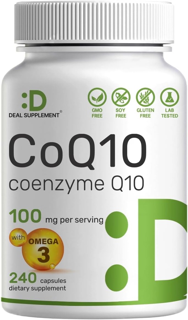 DEAL SUPPLEMENT CoQ10 100mg con Omega 3 100mg, 240 cápsulas ← Bioavailable Coenzyme Q10 Fórmula ← Apoya Corazón, Energía y Salud Cerebro Silencio Antioxidante Apoyo 