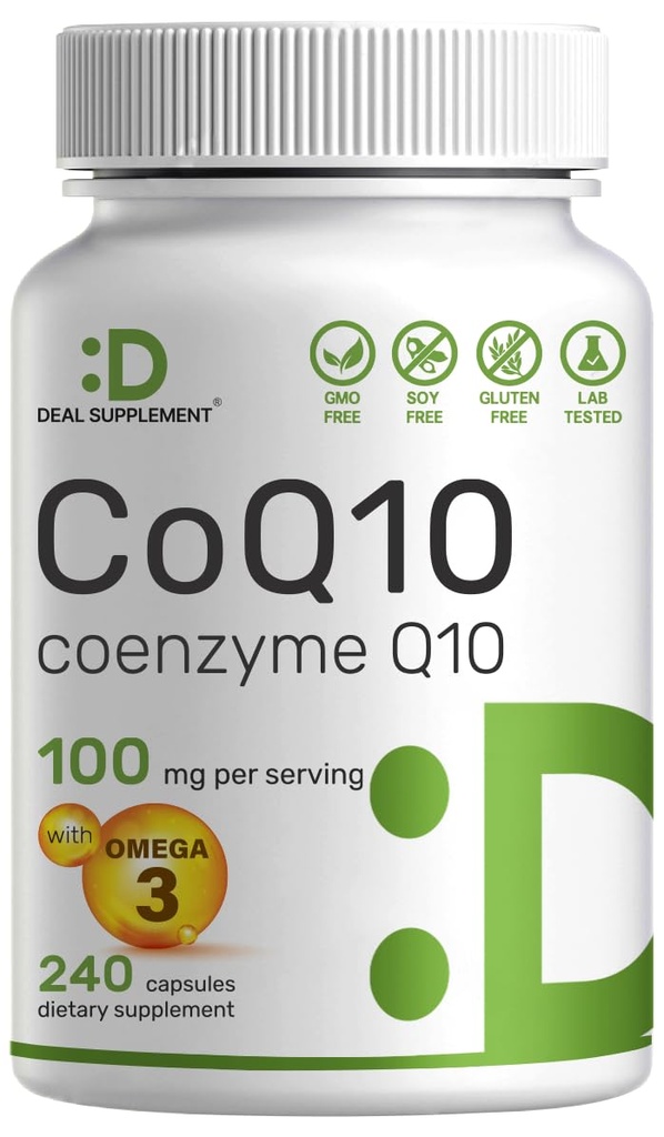DEAL SUPPLEMENT CoQ10 100mg con Omega 3 100mg, 240 cápsulas ← Bioavailable Coenzyme Q10 Fórmula ← Apoya Corazón, Energía y Salud Cerebro Silencio Antioxidante Apoyo 