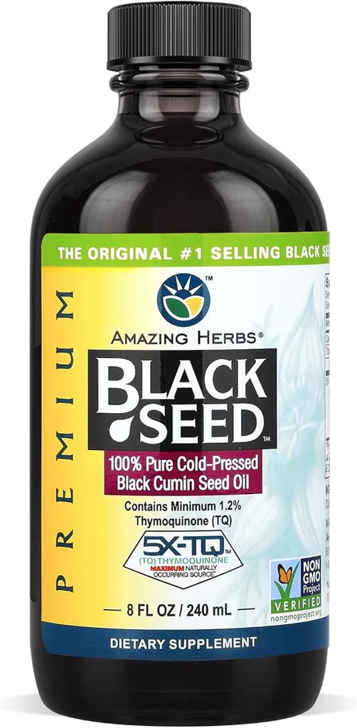 Amazing Herbs Premium Black Seed Oil - Cold Pressed Nigella Sativa Aids in Digestive Health, Immune Support, Brain Function, Joint Mobility, Gluten Free, Non GMO - 8 Fl Oz