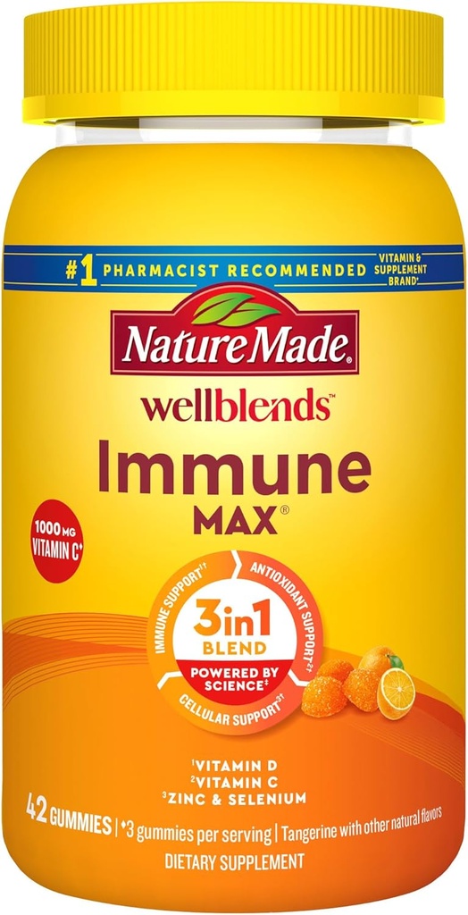 Nature Made Wellblends ImmuneMAX Gummies, Vitamina C 1000mg + Zinc, Selenium, & Vitamina D3 5000 UI, Immune Support Suplemento, 42 Gummies