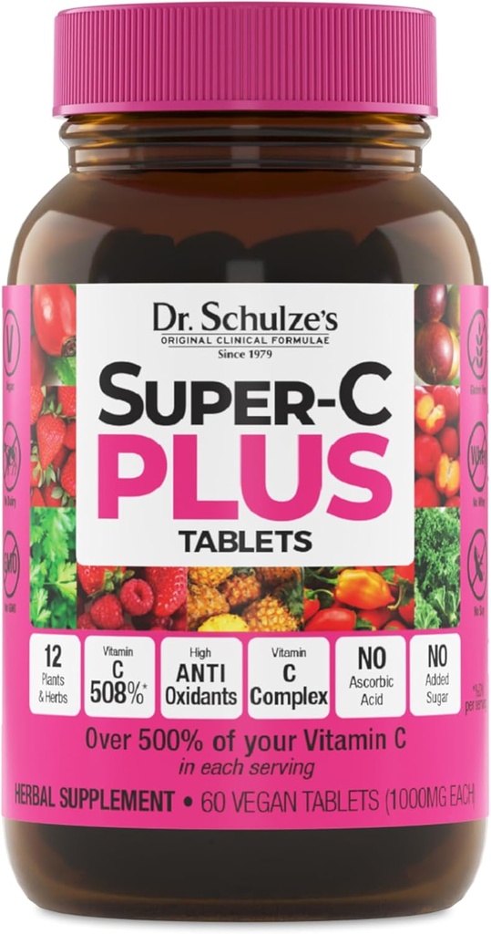Super-C Plus del Dr. Schulze - Suplemento de vitamina C para soporte de inmuno - Salud de la piel y soporte antioxidante - Fórmula de alta potencia - Superalimentos basados en plantas - Gluten-Free &amp; Vegan - 60 Conde (20 servidos)
