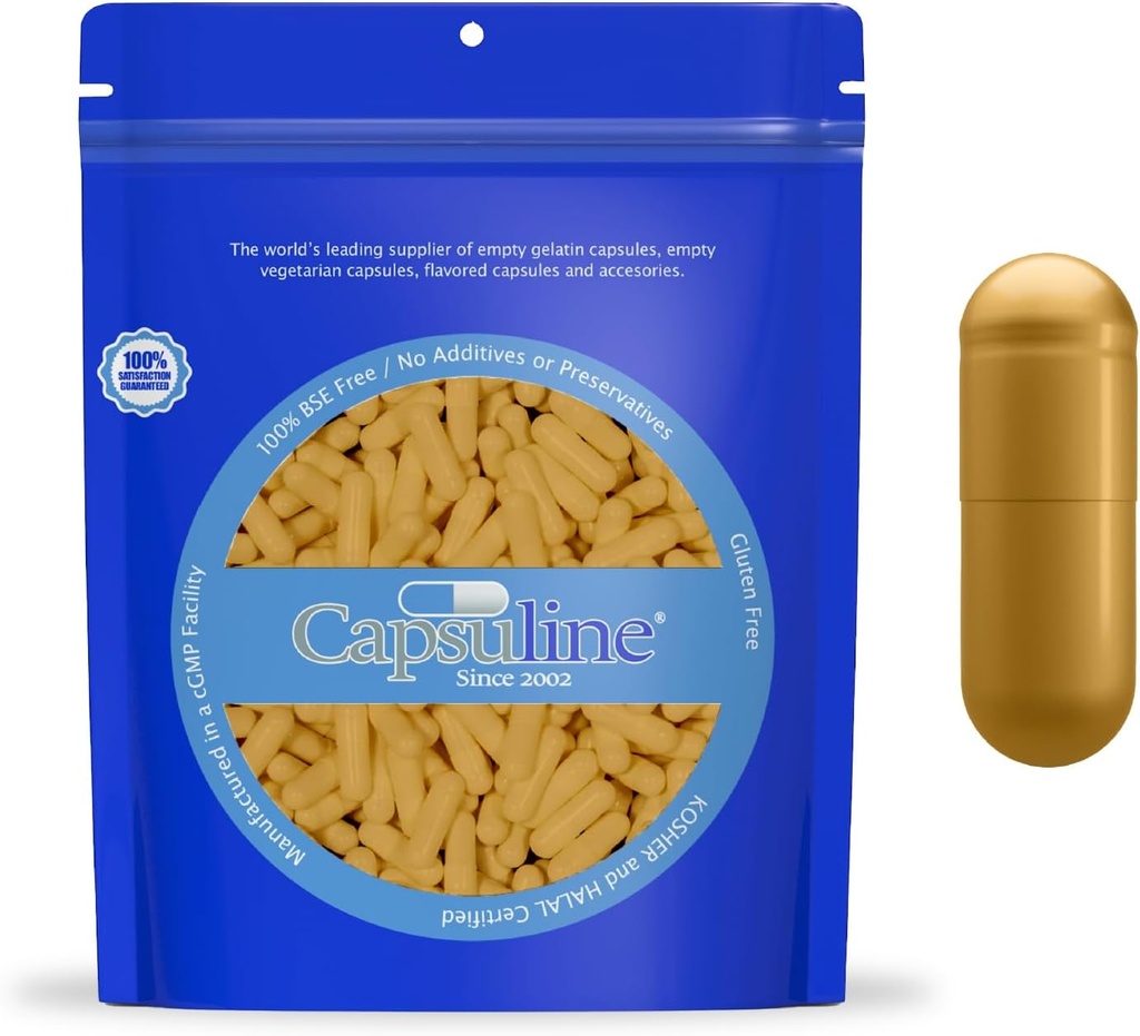 Capsuline Size 0 - Colored Gold Empty Gelatin Capsules - 100 Cuenta - Empty Gel Pill Capsules - DIY Pure Bovine Pill Capsule Filling - Empty Caps - Kosher y Halal Certified