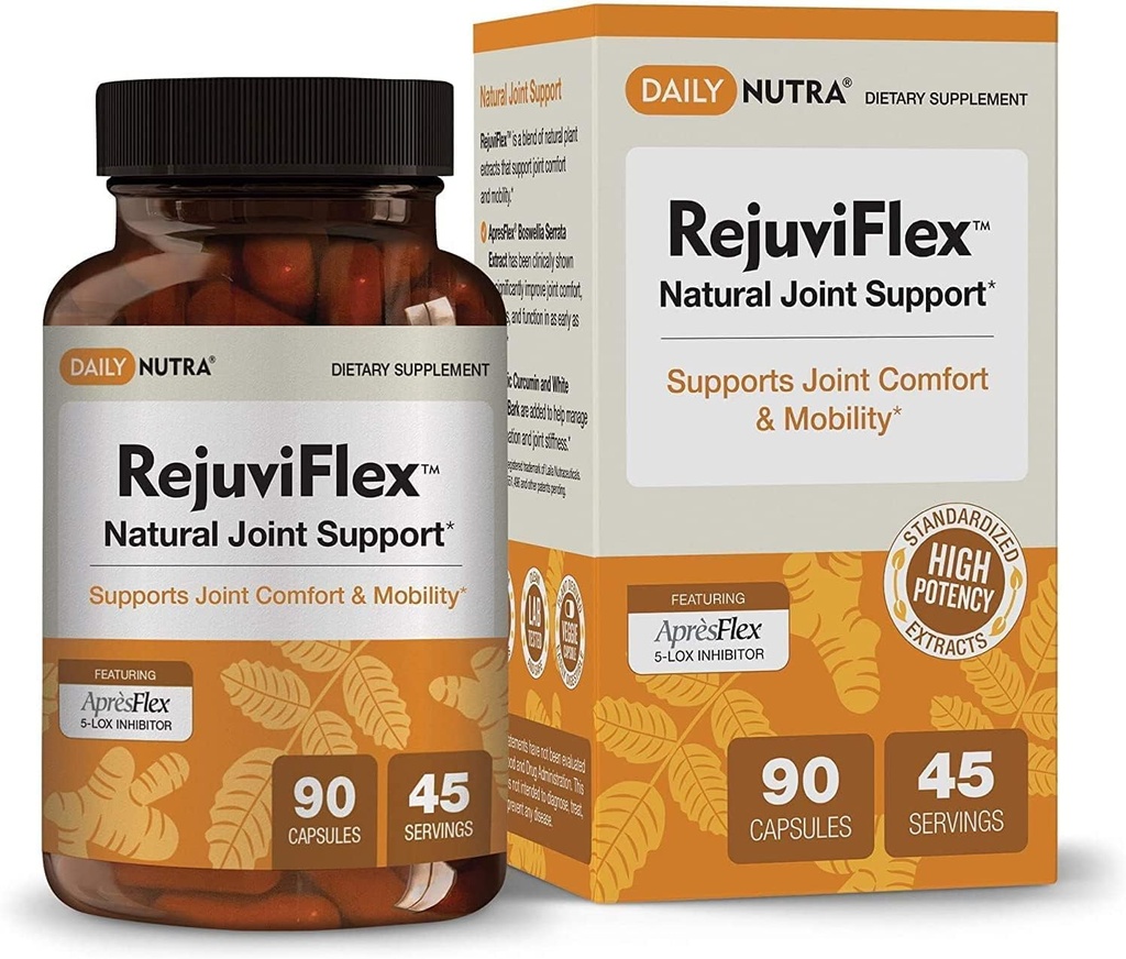 RejuviFlex - Natural Joint Supplement w/ApresFlex Boswellia AKBA, Turmeric Curcumin, Piperine & White Willow Bark - for Function of Hands, Knees, Overall Joint Health (90 Capsules)