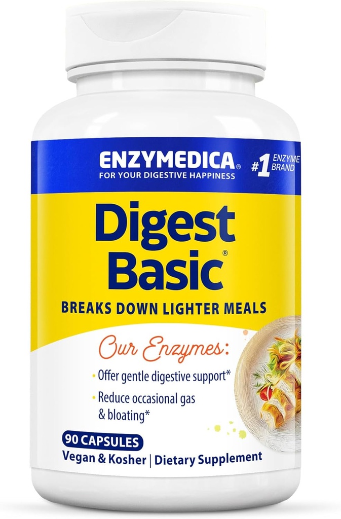 Enzymedica Digest Basic, Digestive Enzymes for Sensitive Stomachs, Offers Fast-Acting Gas &amp; Bloating Relief, 90 Count