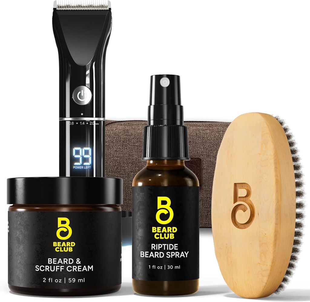 The Beard Club PT45 Beard Trimmer for Hombre - Electric Cordless Recargable, Beard Cream, Riptide Beard Beard Spray, Beard Brush, Travel Bag – Gift Kit Bundle