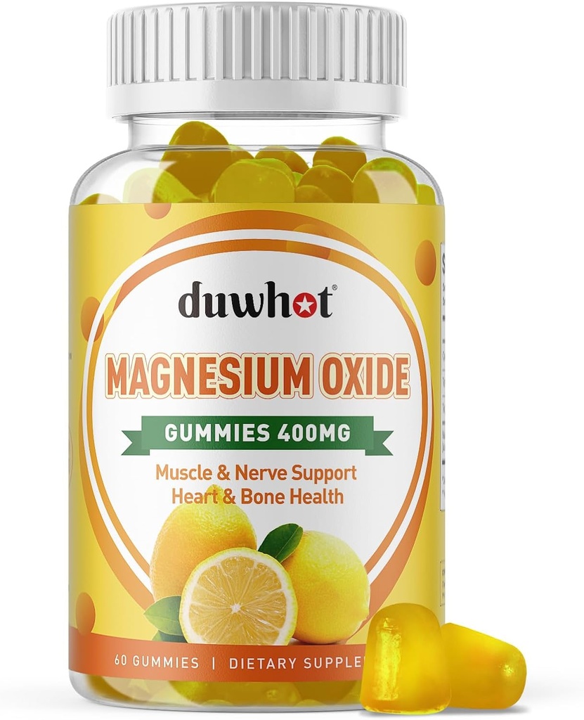 Magnesium Oxide Gummies 400mg, Magnesium Oxide Chewable Suplemento para Adultos &amp; Niños, Nerve, Muscle, Bone & Heart Support, Non GMO, Pectin, Vegan, 60