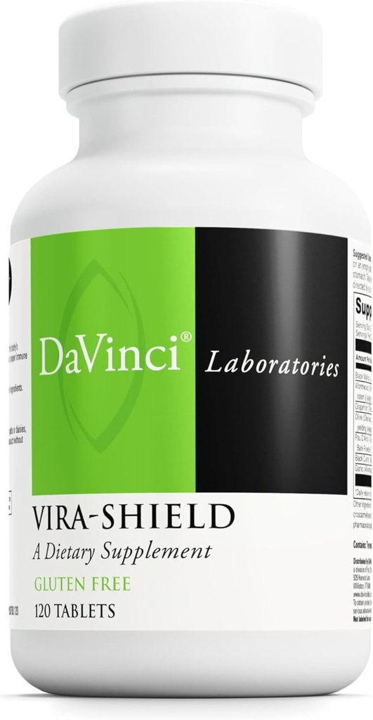 DAVINCI Laboratorios Vira-Shield - Suplemento dietético para soportar Detox, Sistema Inmunitario y Función GI saludable* - con nuez negra, madera de gusano, hoja de oliva, PAU D'Arco, y Más - Sin gluten - 120 Tabletas