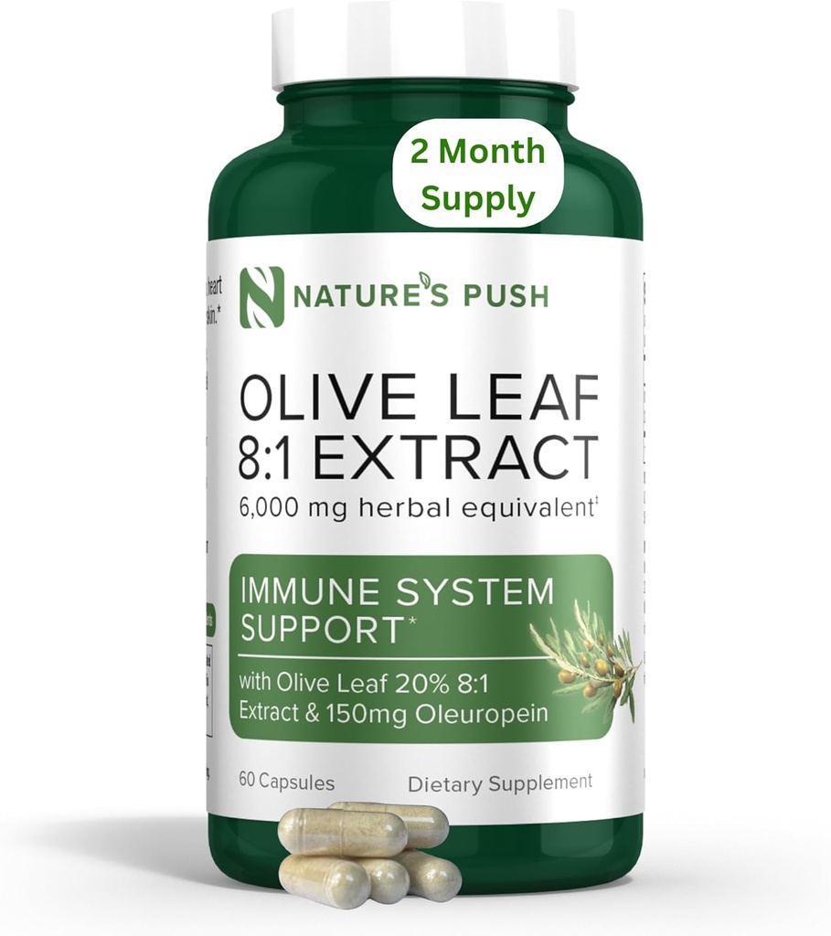 La hoja de oliva push Super Potent de la naturaleza 8:1 Extracto 20% Oleuropein 750mg Cápsula Immune System, Skin y Heart Health Support Vegan Non-GMO USA cGMP Gluten Free Antioxidants 60 Cápsulas 2 Month Supply