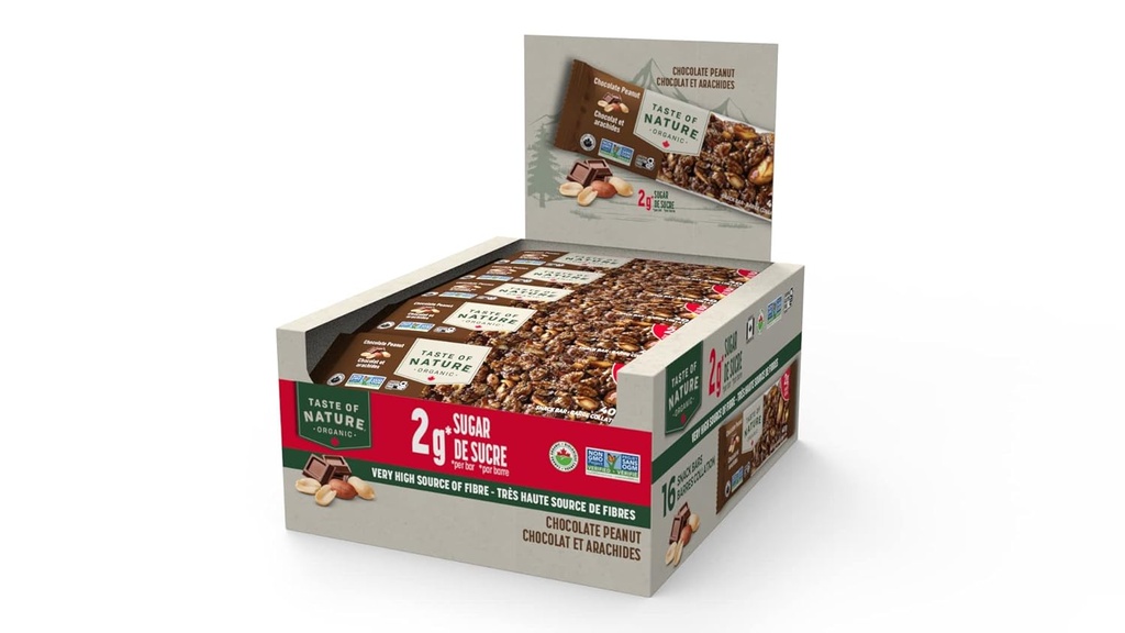 Taste of Nature - Organic 2g Sugar Chocolate Peanut - Low Sugar Snack and Breakfast Bar, High Fiber Energy Bar - 16 Conde Snack Pack