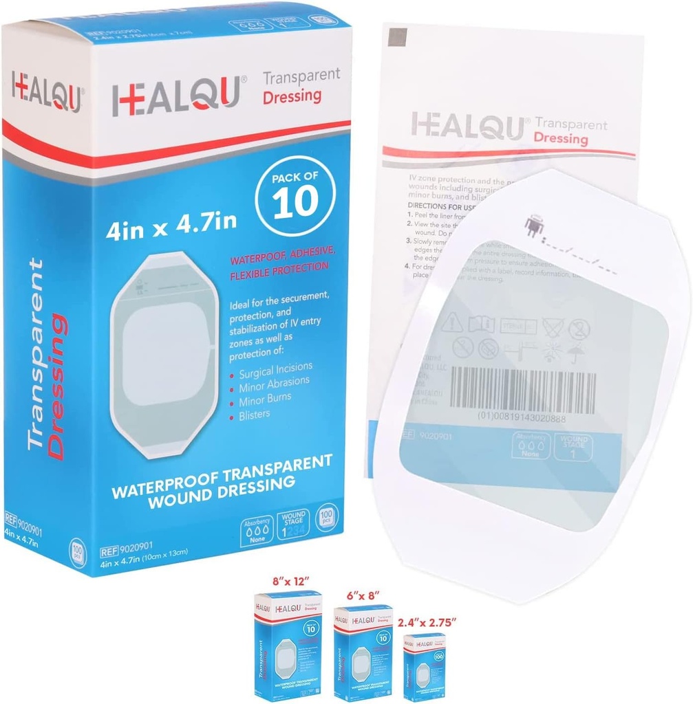 Transparent Film Dressing 4" x 4.75" (10 Pack) - Waterproof Adhesive Wound Bandages for Post-Surgical Shower, IV Shield, Tattoo Aftercare, Clear Breathable Dressing Patches by HEALQU