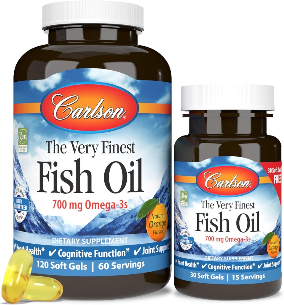 Carlson - El aceite de pescado muy fino, 700 mg Omega-3, suplemento de aceite de pescado noruego, aceite de pescado salvaje omega-3, cápsulas de aceite de pescado de origen sostenible, suplemento Omega-3, naranja, 120+30 Softgels
