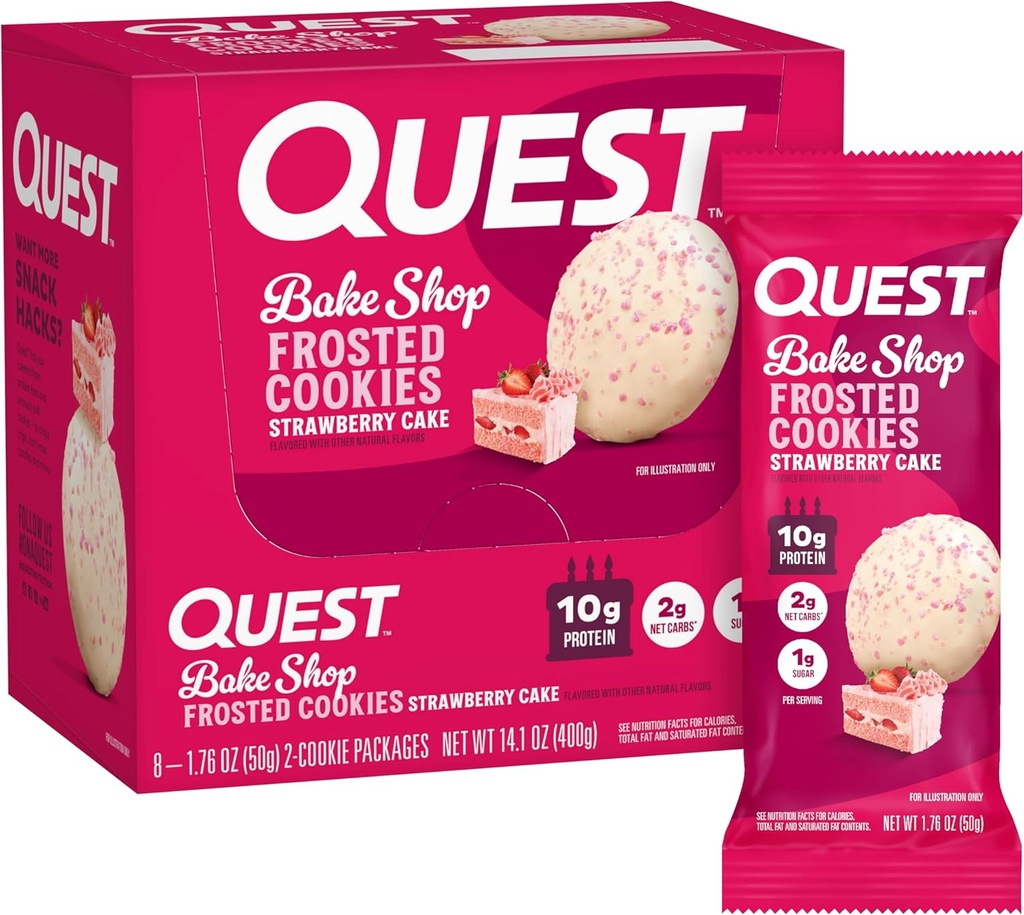 Quest Nutrition Frosted Cookies Twin Pack, Pastel de Fresa, 1g Sugar, 10g Protein, 2g Net Carbs, Gluten Gratis, 16 Cookies