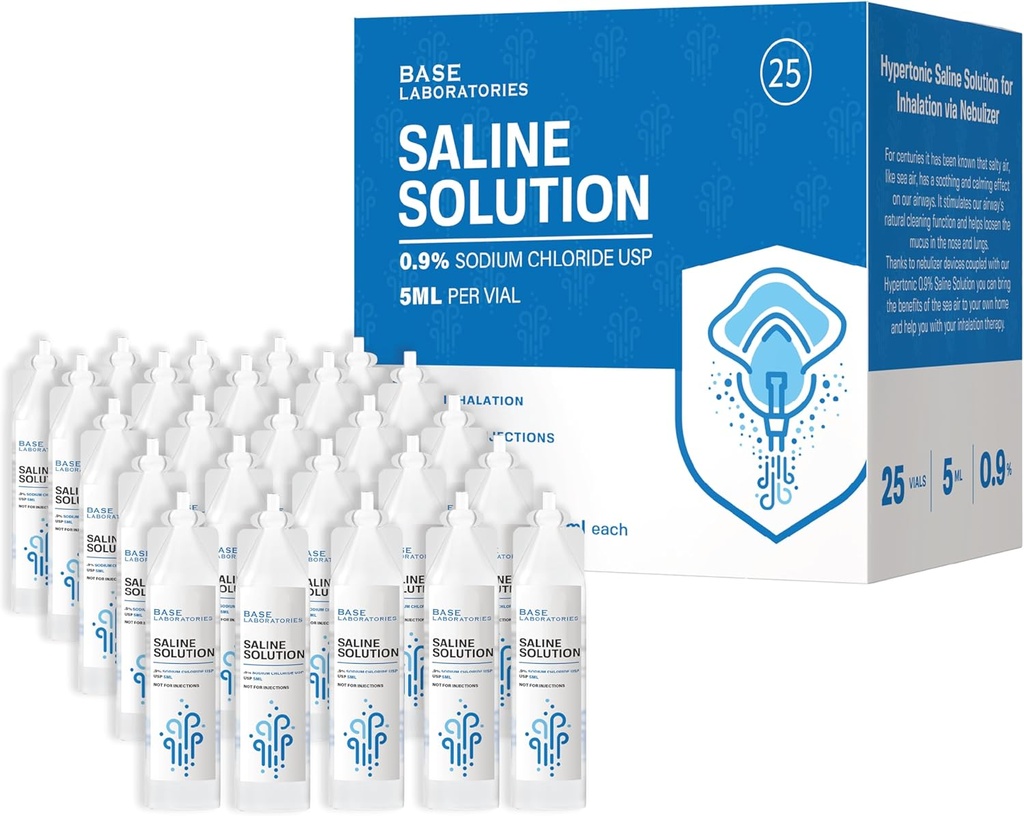 BASE LABORATORIAS 0,9% Solución de Saline para Máquina de Nebulizador ← Solución de Saline para la Inhalación " Irrigación de Nasal Silencioso 0,9% Concentración l 25 Vials 5ml Unidad Dose