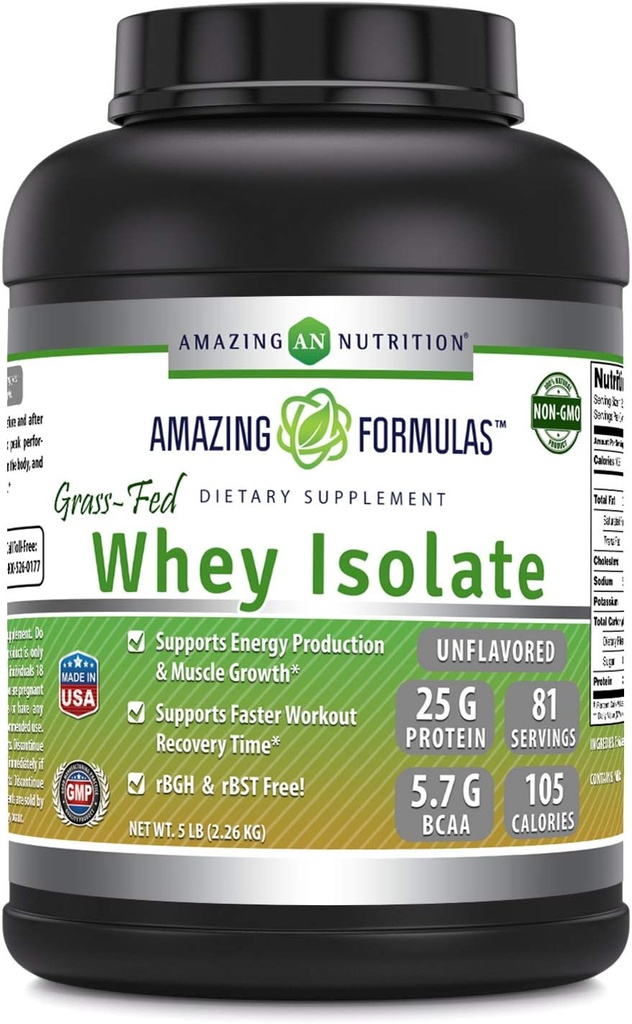 Amazing Formulas Grass-Fed Whey Protein Isolate TEN 25 Grams Protein Por Serving Silencio 5 Lbs (2.26 Kg) TEN 5.7 Grams BCAA Silencioso Made in USA (5 Lb, Unflavored)