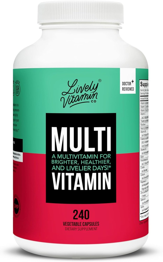 LIVELY VITAMIN CO. Multivitamínico - 37 Vitaminas Minerales y Extractos - Energía - Memoria - Función Inmunitaria - Corazón- Cerebro - Enfoque - Antioxidantes - Soy lácteo libre - 240 cápsulas vegetarianas
