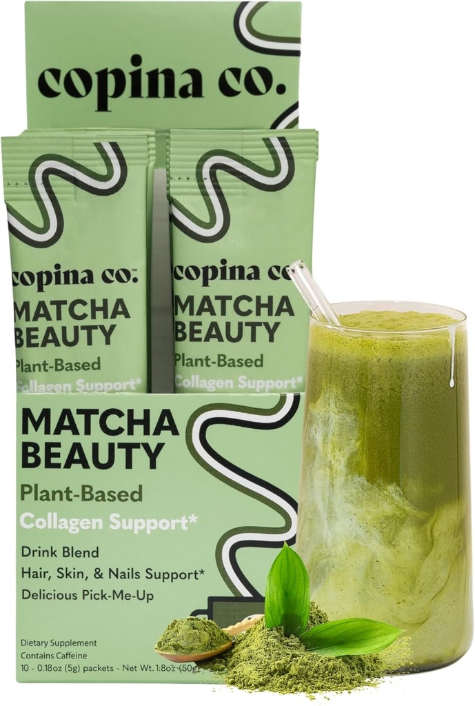 Copina Co. Matcha Beauty Vegan Collagen Booster Drink Blend: Plant Based Collagen Support Smoothie Drink Vegan Blend Variety Pack ← Matcha Flavor ← 10 Individual Stick Packs per Carton
