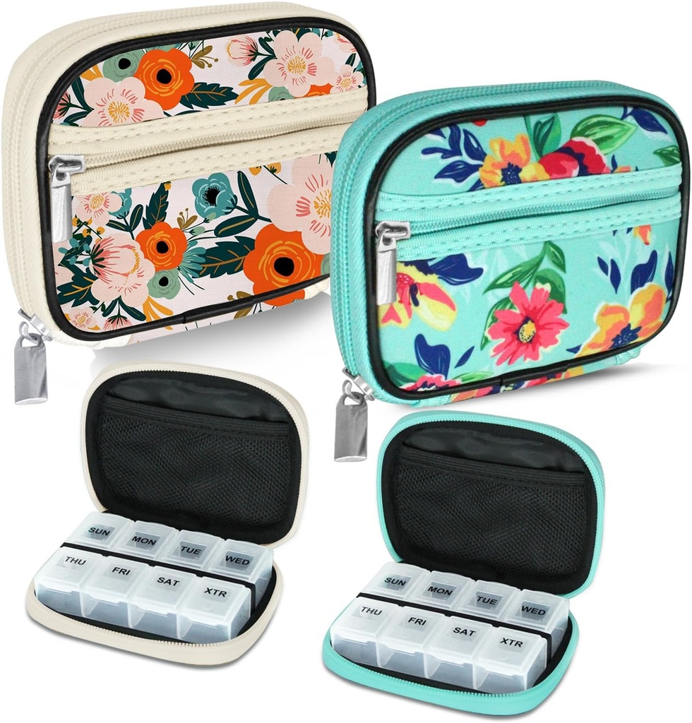 Serfeymi Caja de píldoras de viaje semanal para fines con caja extraíble de 7 días, medicina de viaje de moda Organizador de píldoras para la medicina, vitamina, suplemento - Bloom 01 + verde 01