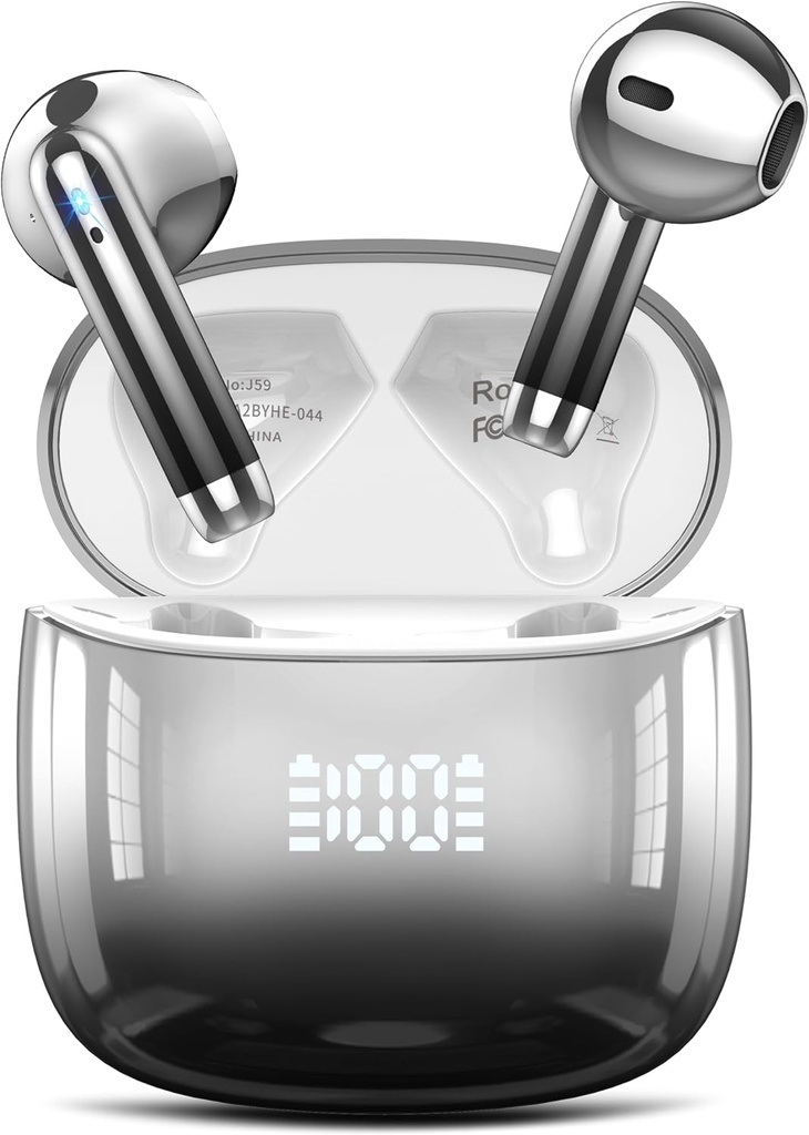 Áurbudos inalámbricos, Auriculares Bluetooth 48H Auriculares de tiempo de reproducción con pantalla de potencia LED, IPX7 A prueba de agua Bluetooth 5.4 Earbudos en el oído con 4 micrófonos para Android iOS Celular portátil, Negro