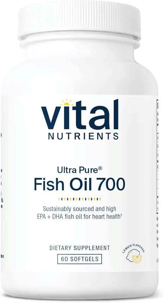 Vital Nutrients Ultra Pure® Fish Oil 700 ← Soporta Corazón, Cerebro y Salud Conjunta* Silencio Fuente sostenible High EPA & DHA Omega-3 Fatty Acid ← Lemon Flavor TEN Gluten, Dairy &amp; Soy Free TEN 60 Softgels