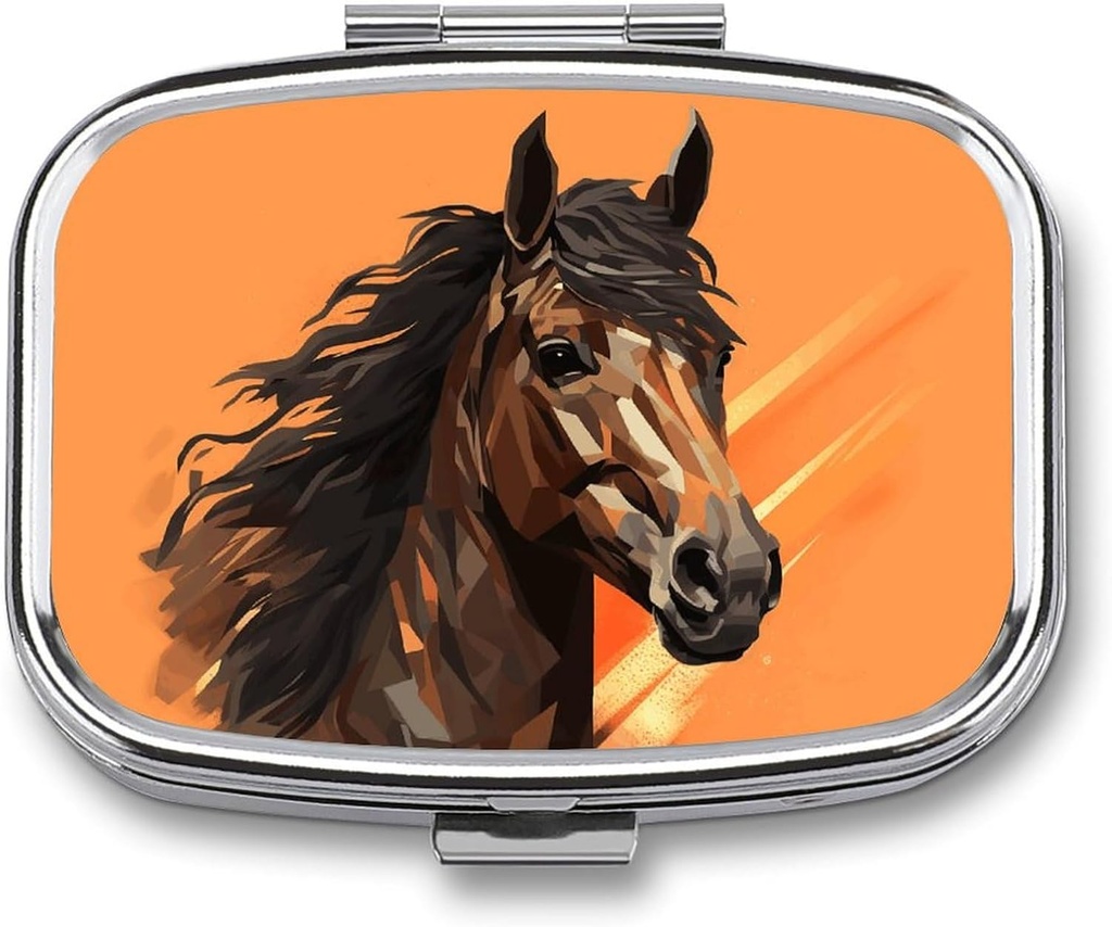 Pill Box 2 Compartment Medicina Pill Funda Naranja Fondo con Cabeza de Caballo Imprimido Portable Pill Organizador de Píldora para Pocket Purse Medicina diaria Vitamina Caja de Aceite de Pesca Caja Suplemento Caja