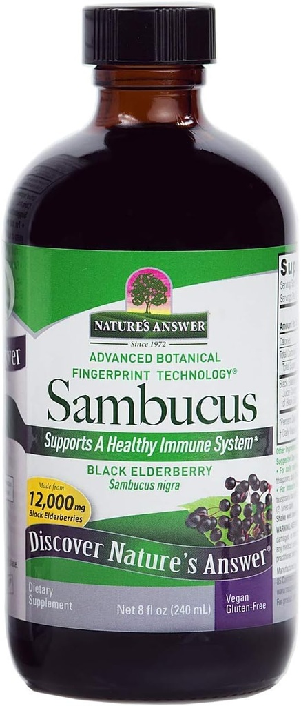 Respuesta de la naturaleza Sambucus Black Elder Berry Extract Syrup in Plastic Bottle Alcohol-Free 8-Fluid Ounces ← Daily Immune Support ← Empaquetado con antioxidantes ← Family Friendly ← Flue Season Defender